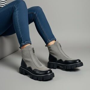 Marc Fisher Deric Lug Sole Bootie In Grey/Black Suede Leather Sz 8 NEW